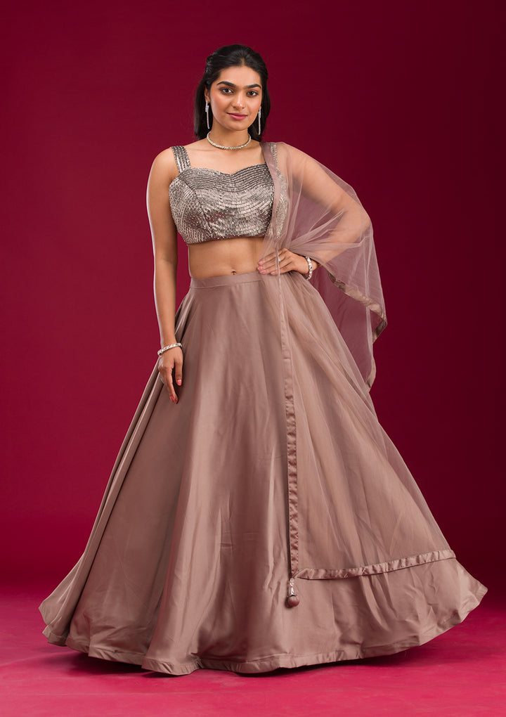 Light Brown Cutdana Satin Readymade Lehenga