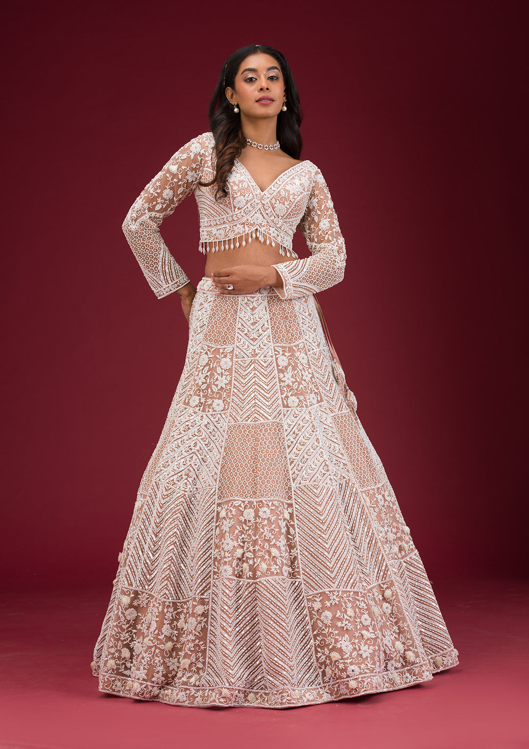 Light Brown Pearlwork Net Readymade Lehenga