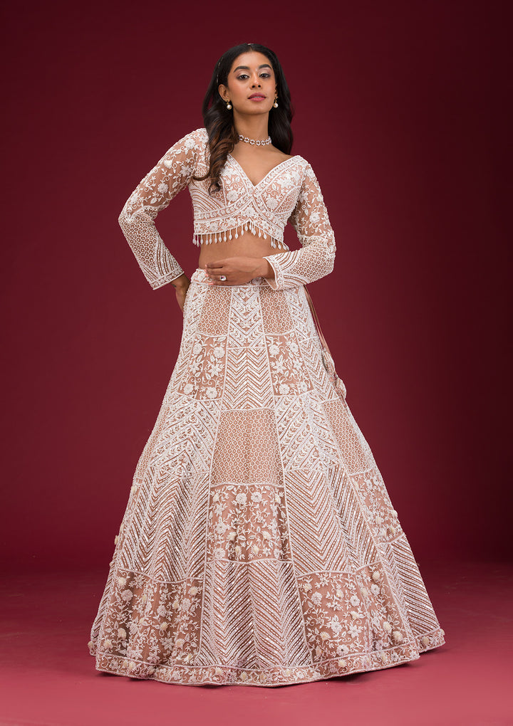 Light Brown Pearlwork Net Readymade Lehenga