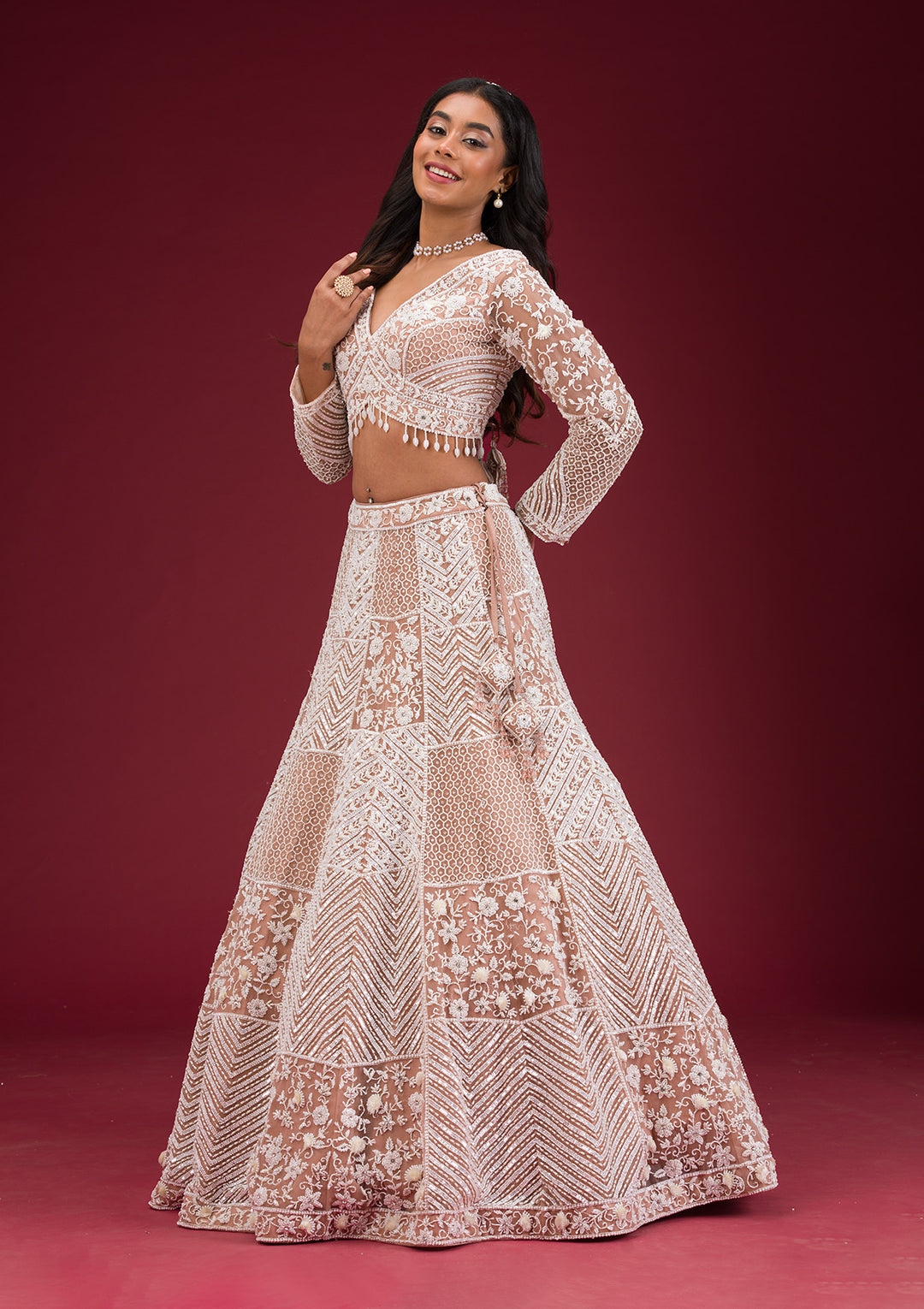 Light Brown Pearlwork Net Readymade Lehenga
