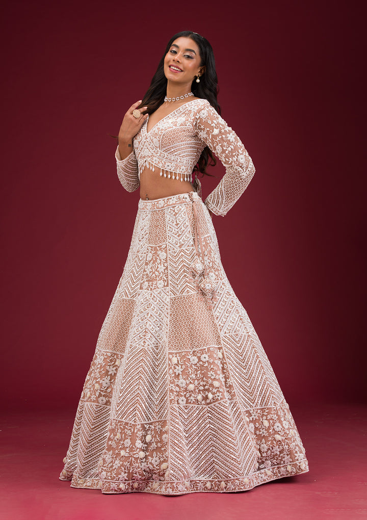 Light Brown Pearlwork Net Readymade Lehenga