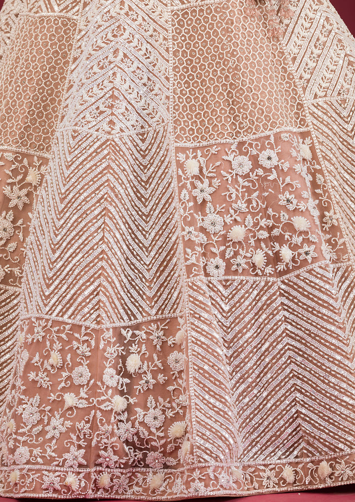 Light Brown Pearlwork Net Readymade Lehenga