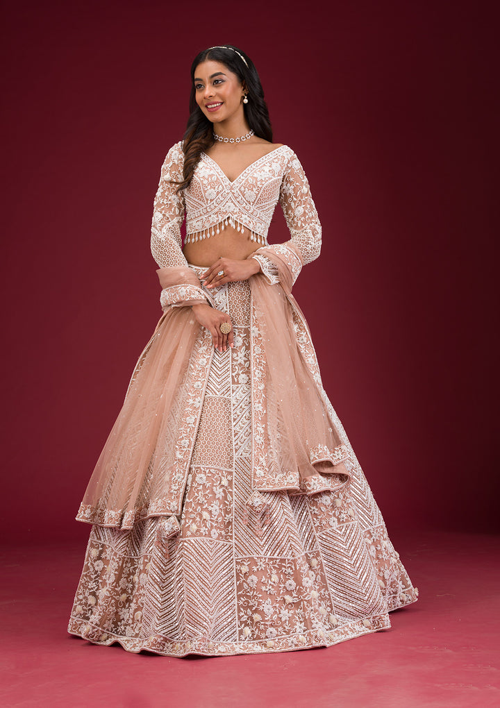Light Brown Pearlwork Net Readymade Lehenga