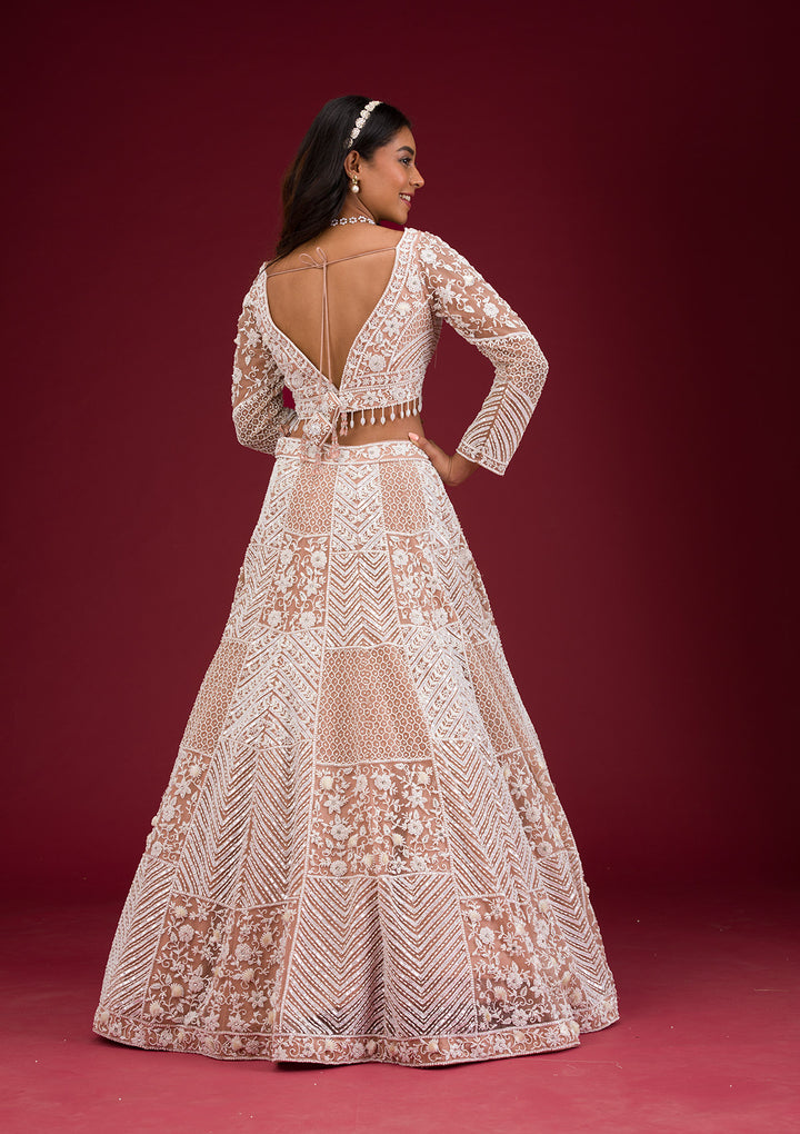Light Brown Pearlwork Net Readymade Lehenga