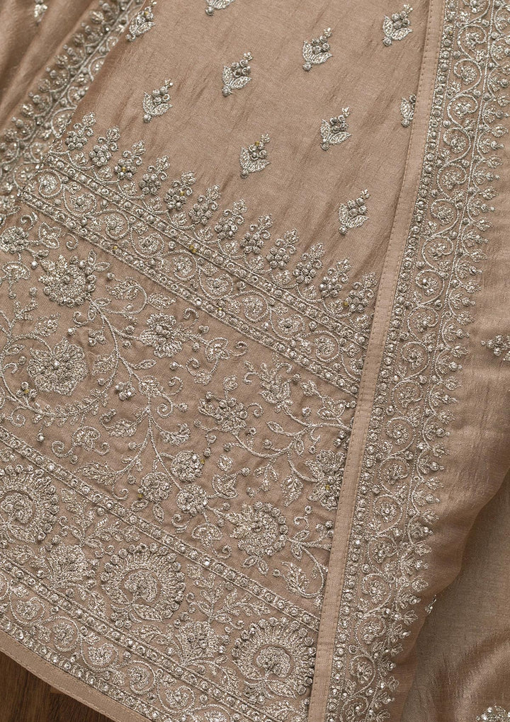 Light Brown Zariwork Raw Silk Unstitched Salwar Suit