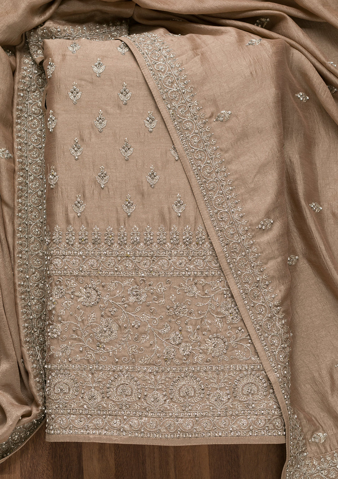 Light Brown Zariwork Raw Silk Unstitched Salwar Suit