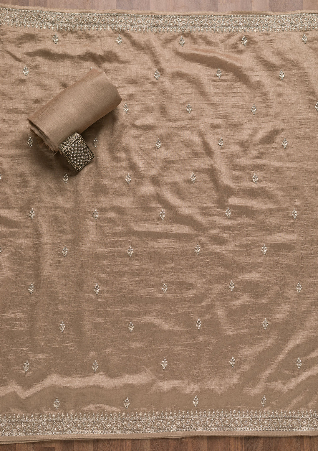 Light Brown Zariwork Raw Silk Unstitched Salwar Suit