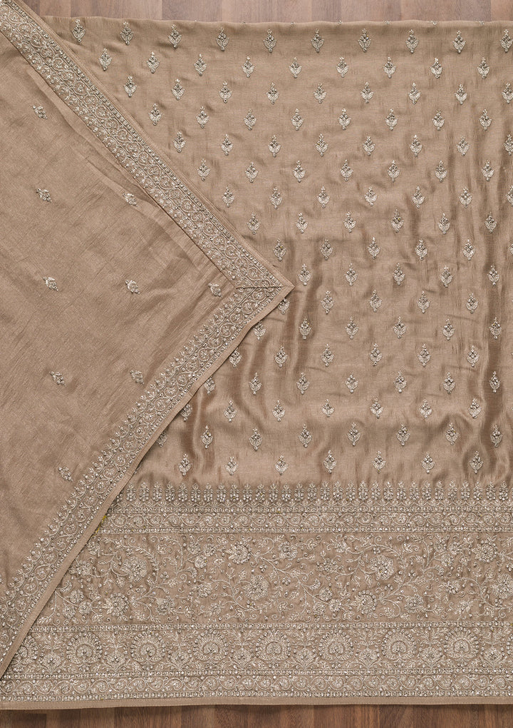 Light Brown Zariwork Raw Silk Unstitched Salwar Suit
