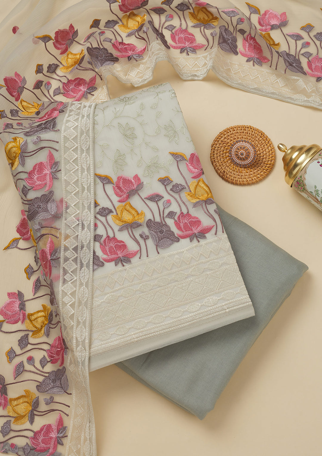 Light Grey Threadwork Organza Unstitched Salwar Suit