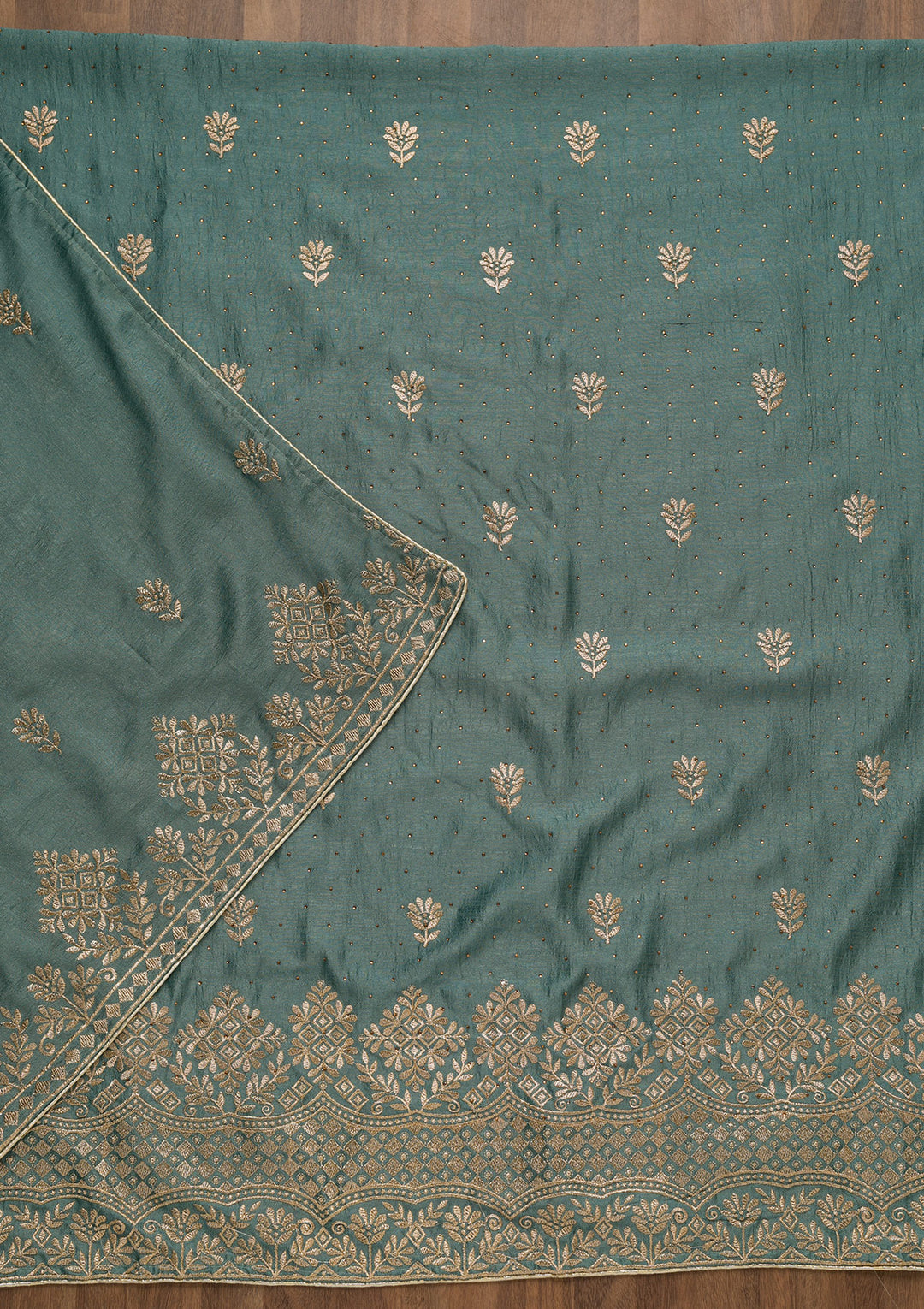 Teal Green Zariwork Art Silk Unstitched Salwar Suit