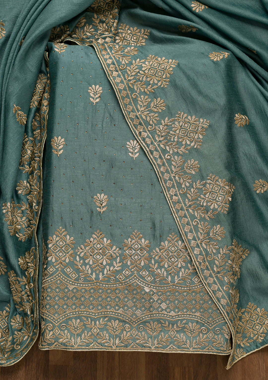 Teal Green Zariwork Art Silk Unstitched Salwar Suit