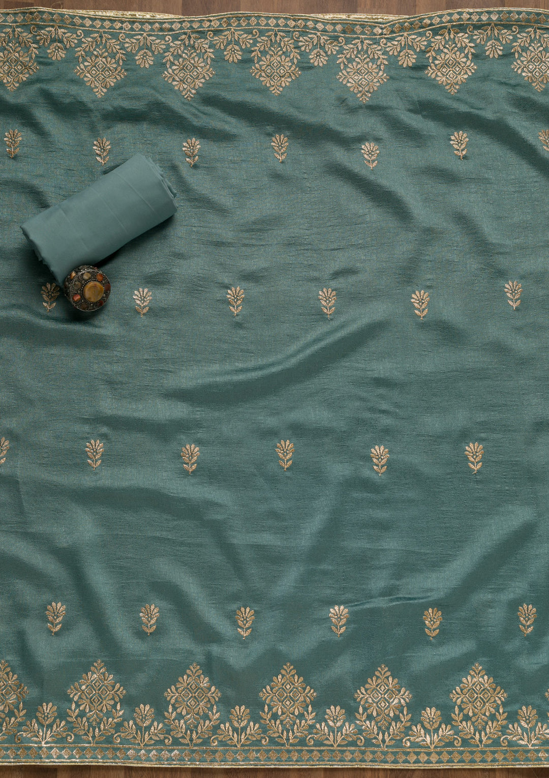 Teal Green Zariwork Art Silk Unstitched Salwar Suit