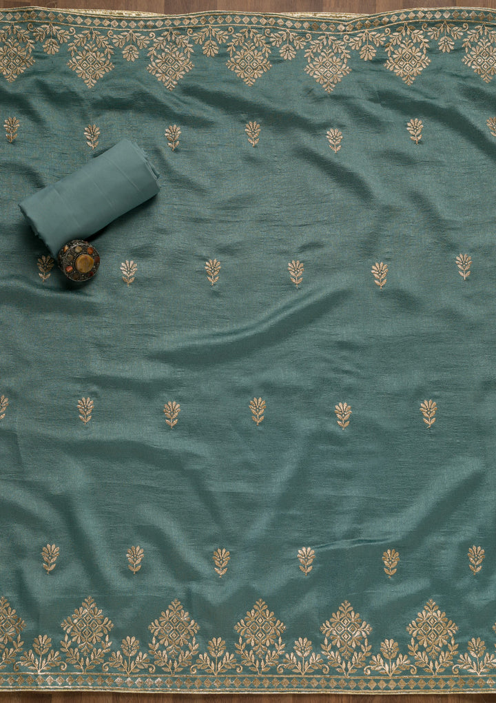 Teal Green Zariwork Art Silk Unstitched Salwar Suit