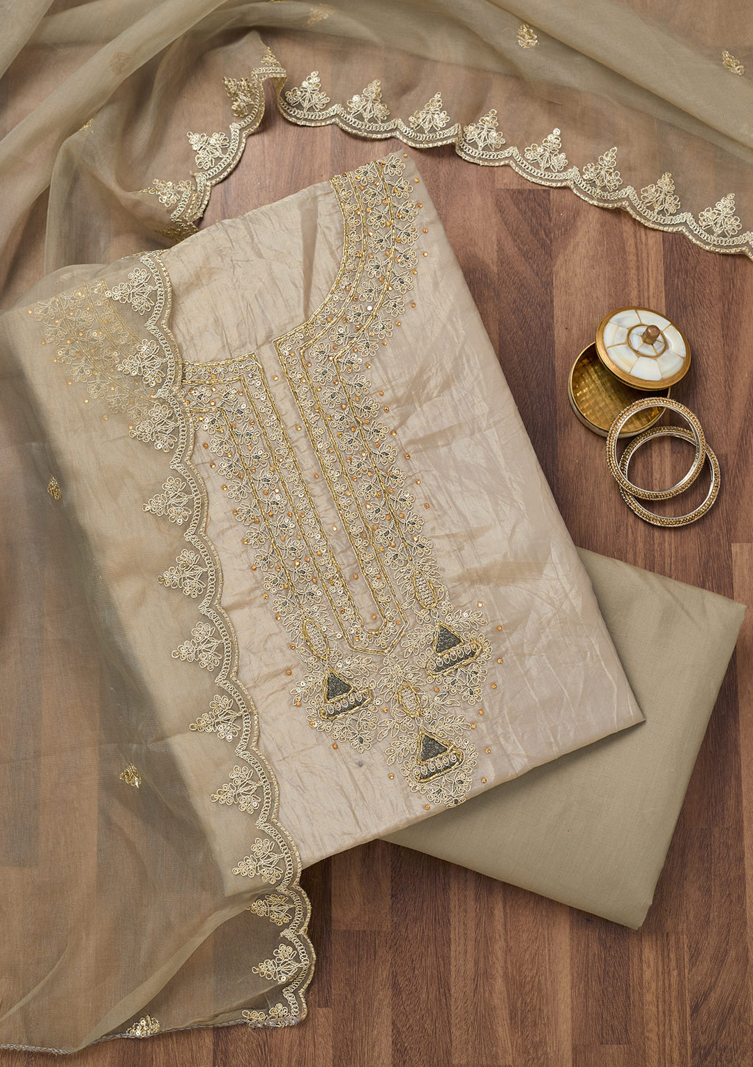 Light Grey Zariwork Tissue Unstitched Salwar Suit