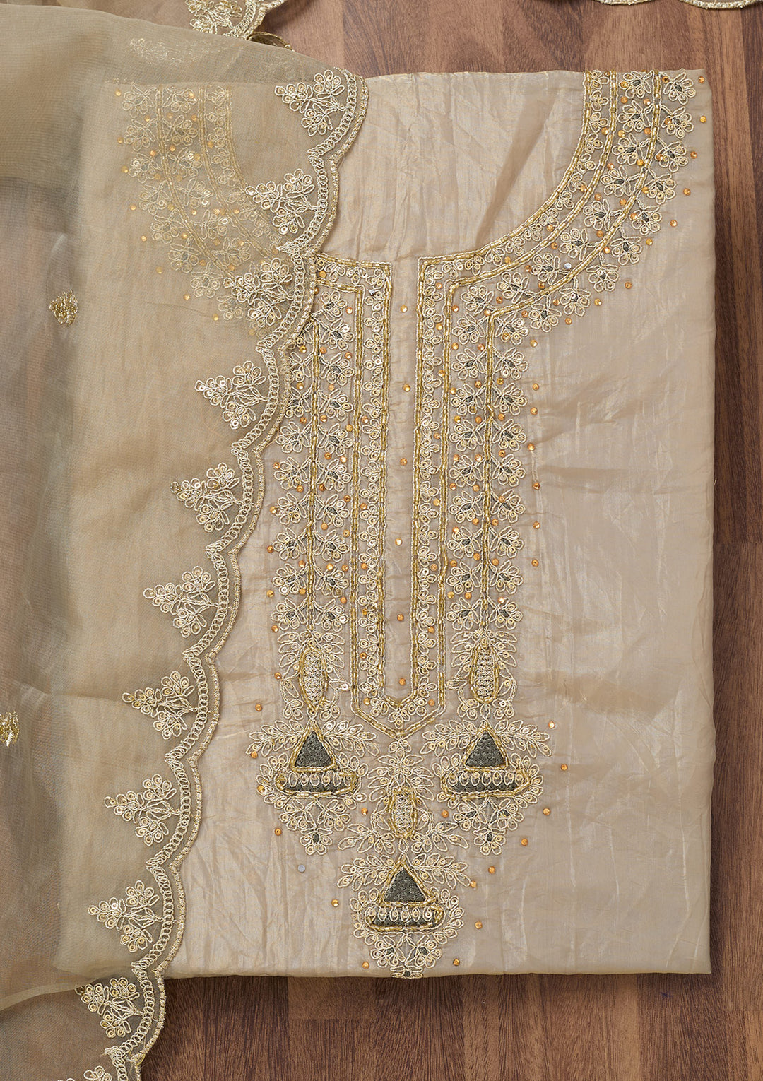 Light Grey Zariwork Tissue Unstitched Salwar Suit