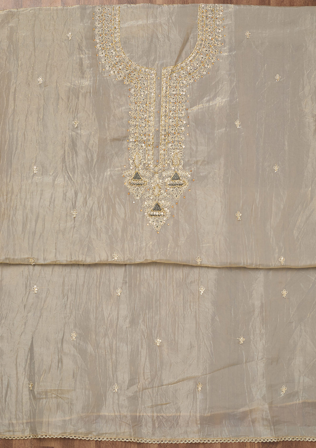 Light Grey Zariwork Tissue Unstitched Salwar Suit