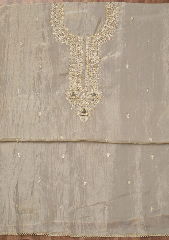 Light Grey Zariwork Tissue Unstitched Salwar Suit