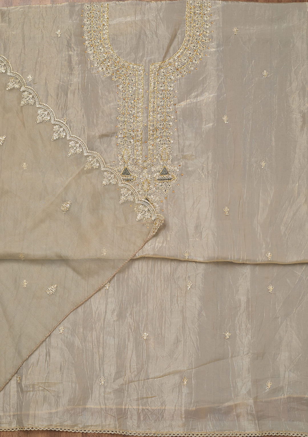 Light Grey Zariwork Tissue Unstitched Salwar Suit