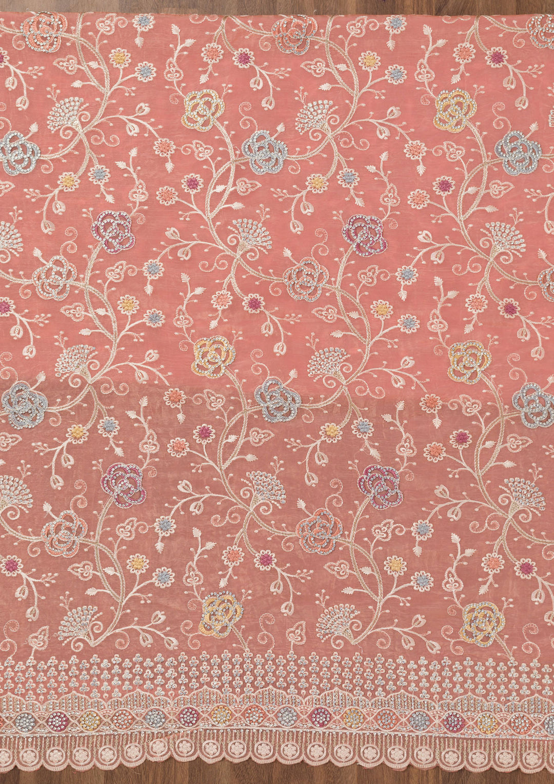 Light Peach Zariwork Semi Crepe Unstitched Salwar Suit