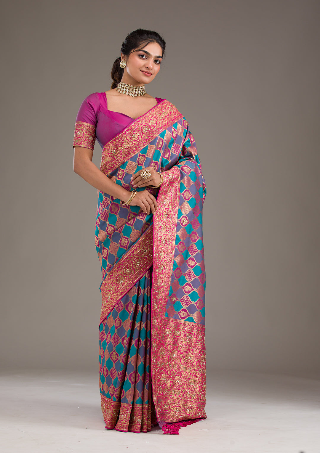 Magenta Pink Cutdana Art Silk Saree
