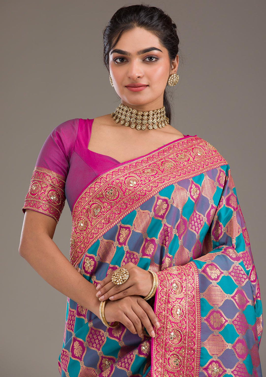 Magenta Pink Cutdana Art Silk Saree