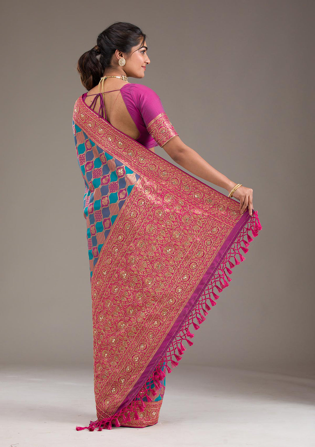 Magenta Pink Cutdana Art Silk Saree