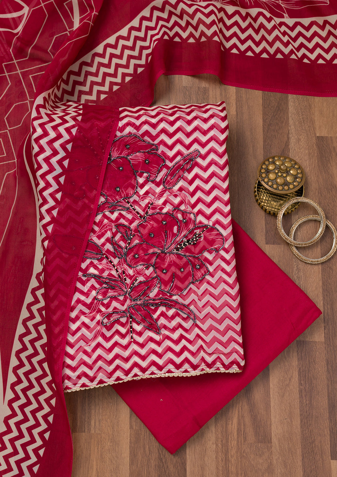 Maroon Printed Semi Crepe Unstitched Salwar Suit