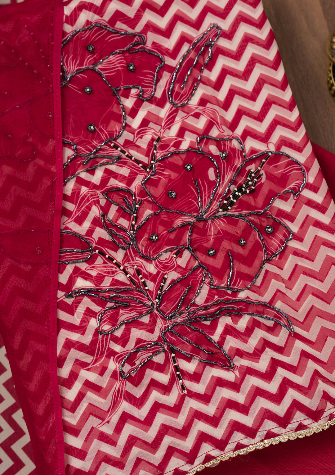 Maroon Printed Semi Crepe Unstitched Salwar Suit