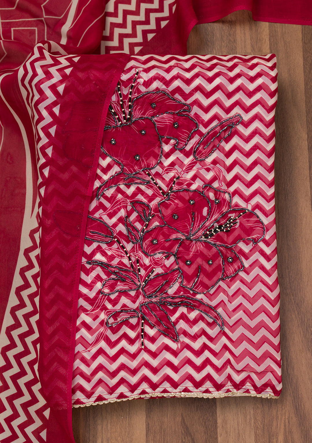 Maroon Printed Semi Crepe Unstitched Salwar Suit