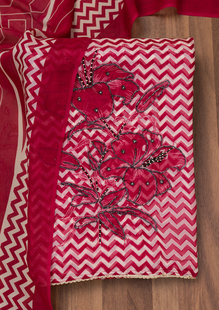 Maroon Printed Semi Crepe Unstitched Salwar Suit