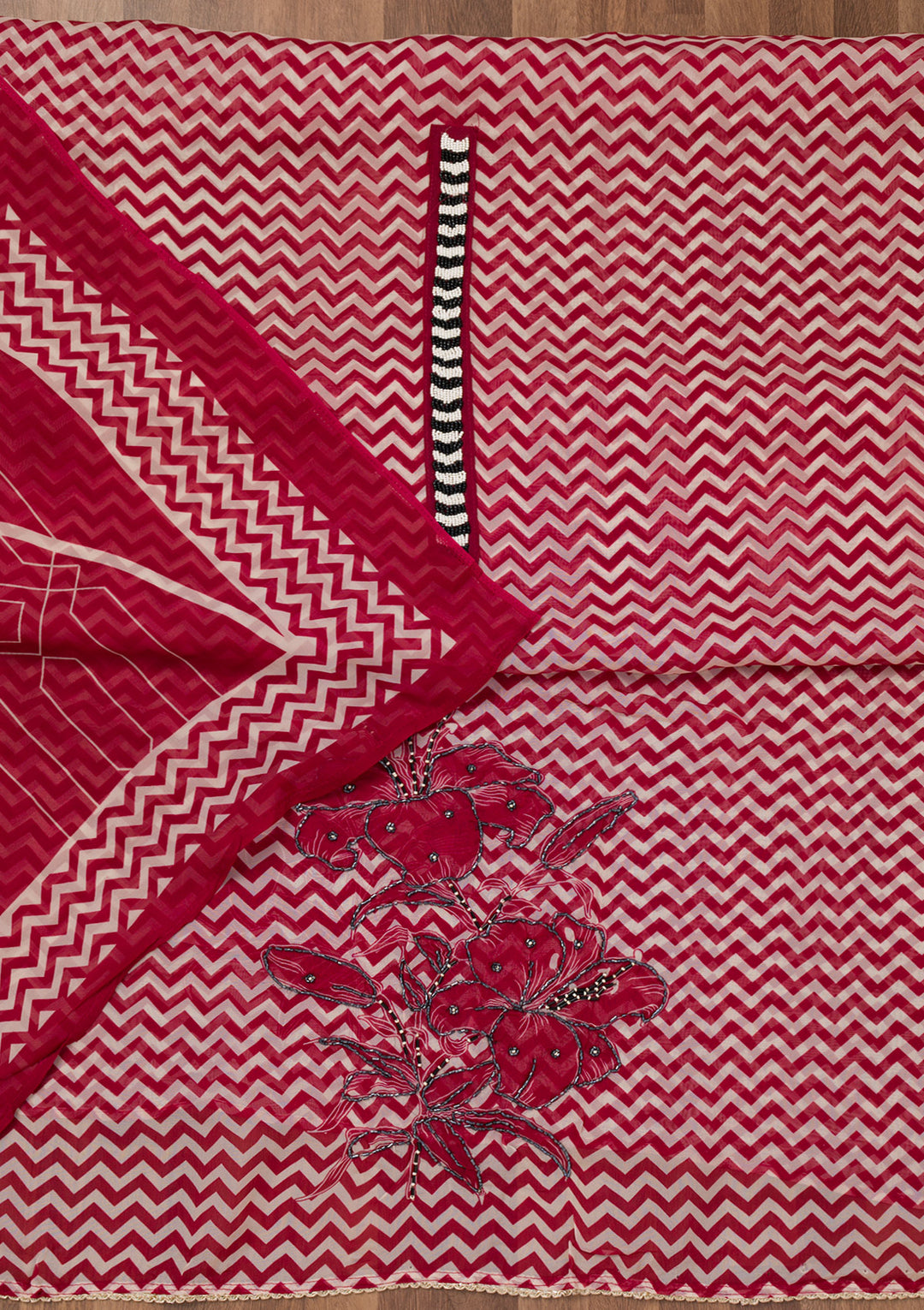 Maroon Printed Semi Crepe Unstitched Salwar Suit