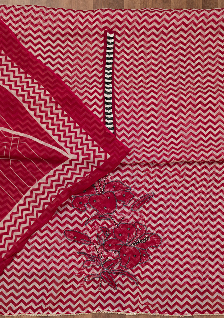 Maroon Printed Semi Crepe Unstitched Salwar Suit