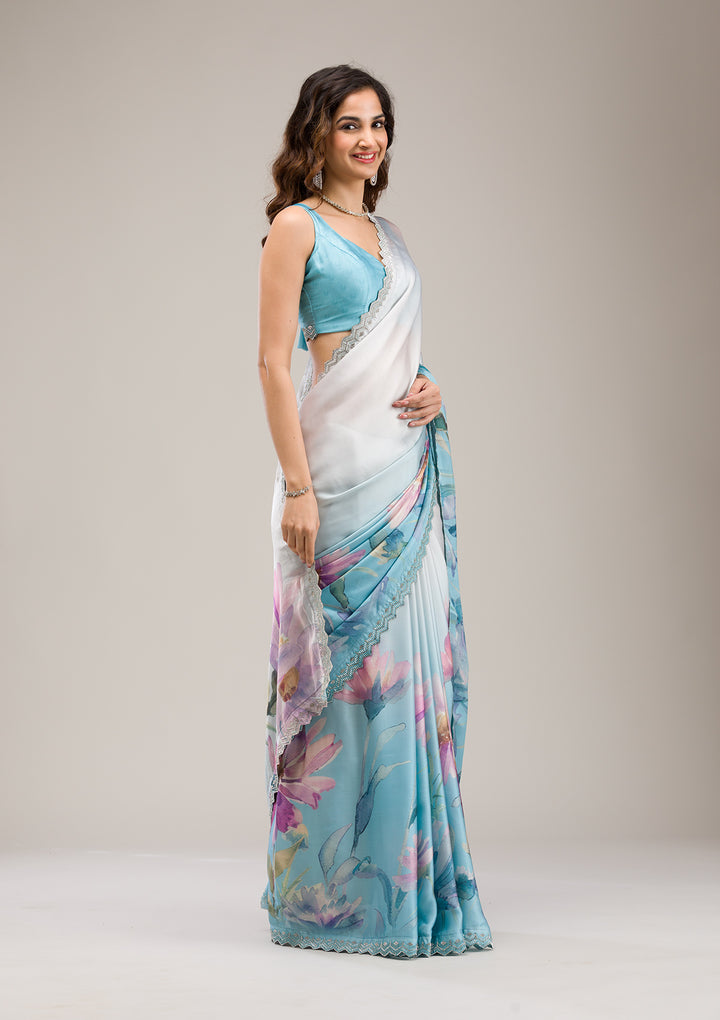 Sky Blue Stonework Satin Saree