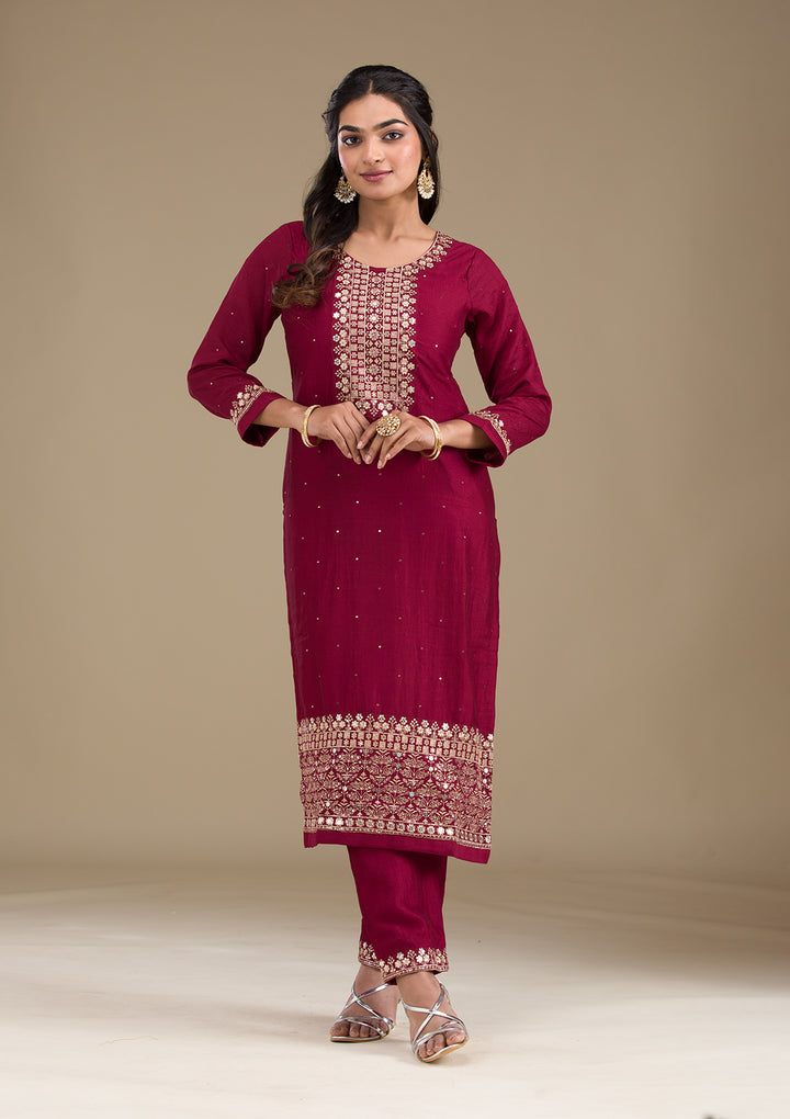 Maroon Zariwork Art Silk Readymade Salwar Suit