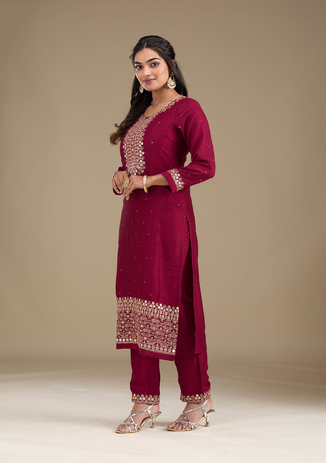 Maroon Zariwork Art Silk Readymade Salwar Suit