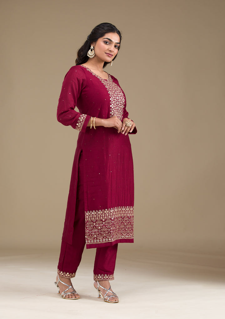 Maroon Zariwork Art Silk Readymade Salwar Suit