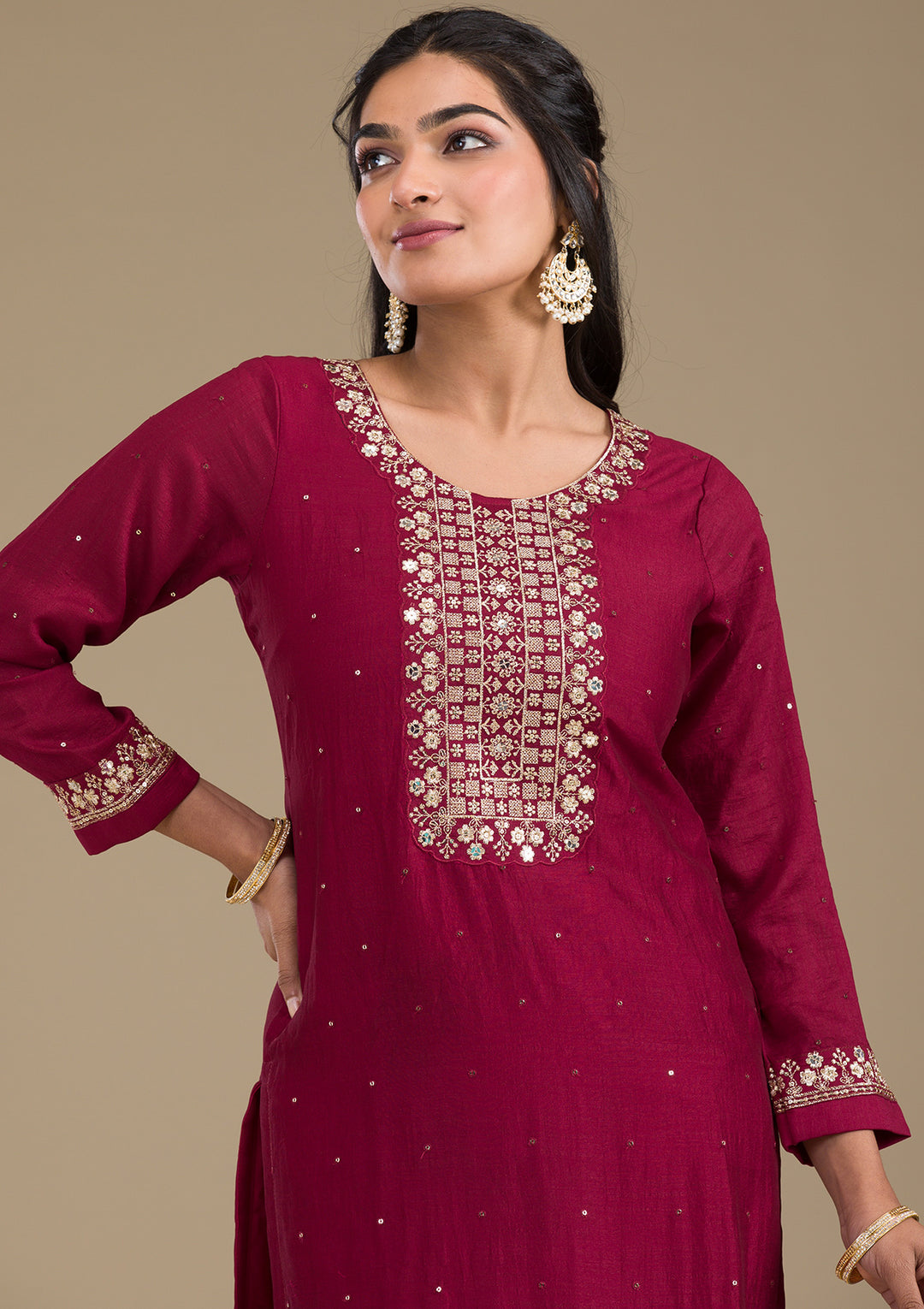 Maroon Zariwork Art Silk Readymade Salwar Suit