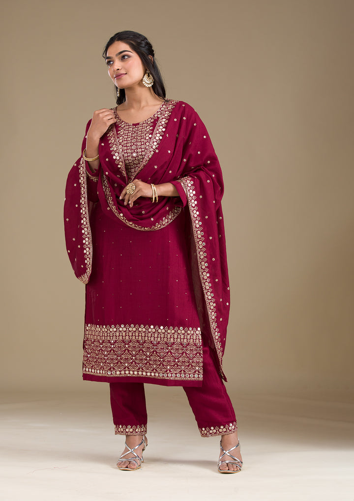 Maroon Zariwork Art Silk Readymade Salwar Suit