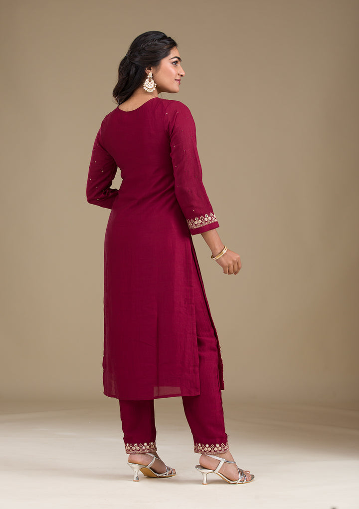 Maroon Zariwork Art Silk Readymade Salwar Suit