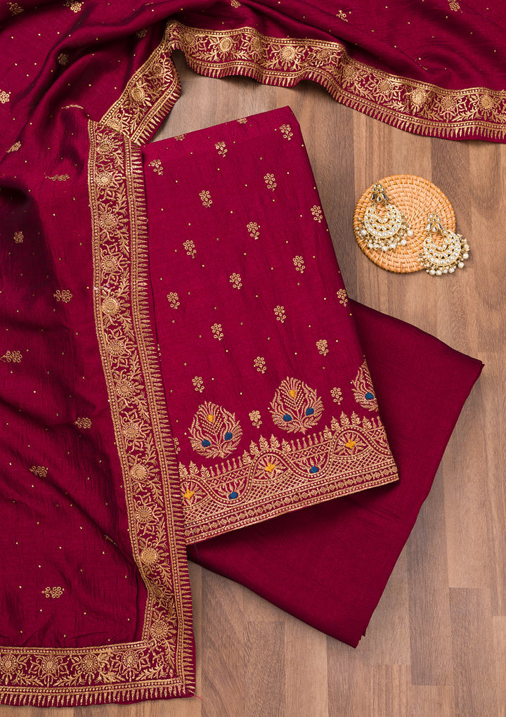 Maroon Zariwork Raw Silk Unstitched Salwar Suit