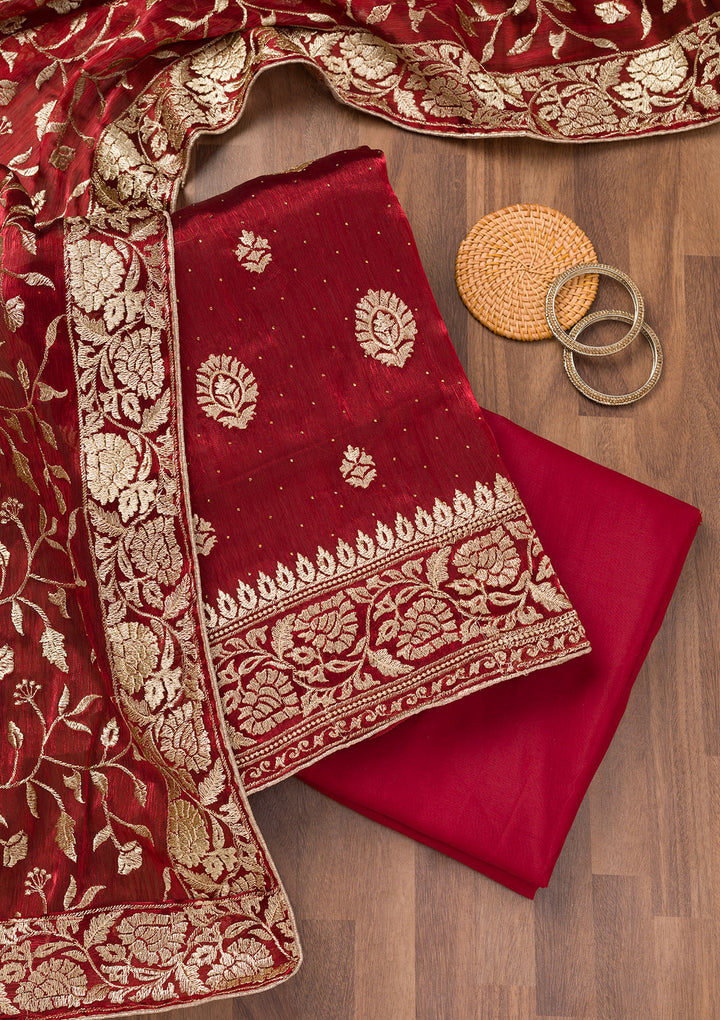 Maroon Zariwork Semi Crepe Unstitched Salwar Suit