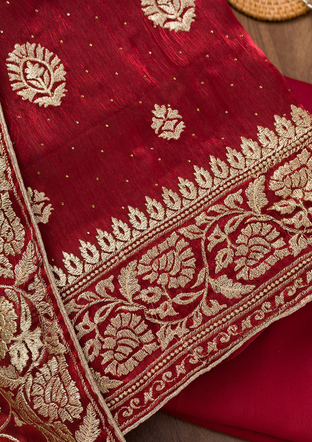 Maroon Zariwork Semi Crepe Unstitched Salwar Suit