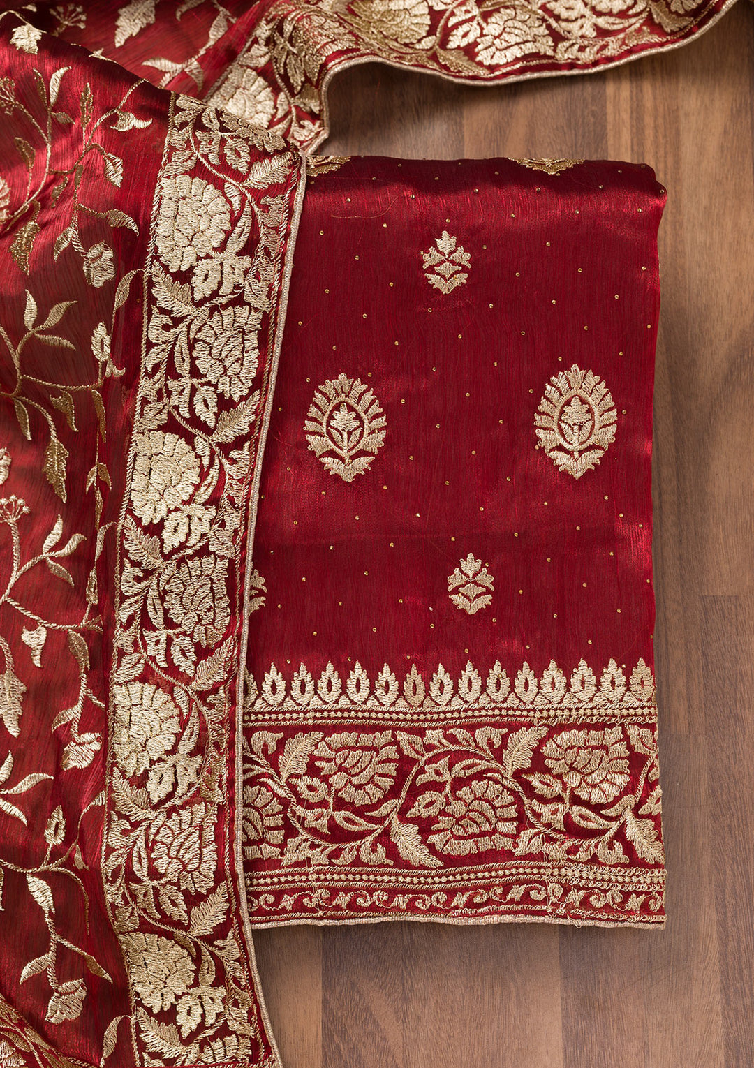 Maroon Zariwork Semi Crepe Unstitched Salwar Suit
