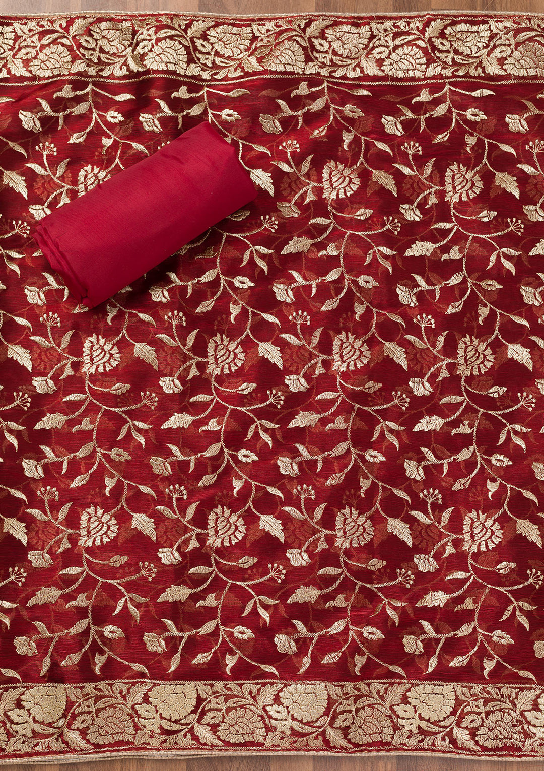 Maroon Zariwork Semi Crepe Unstitched Salwar Suit