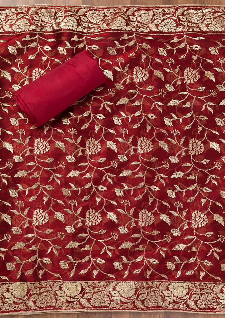 Maroon Zariwork Semi Crepe Unstitched Salwar Suit