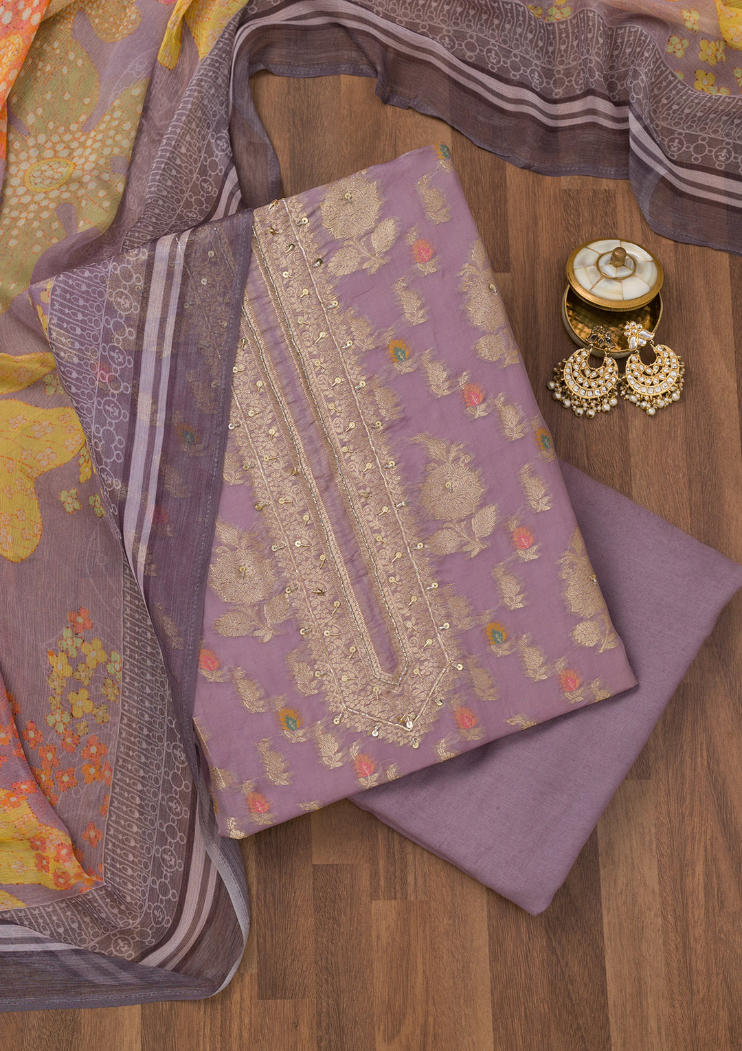 Mauve Cutdana Semi Crepe Unstitched Salwar Suit
