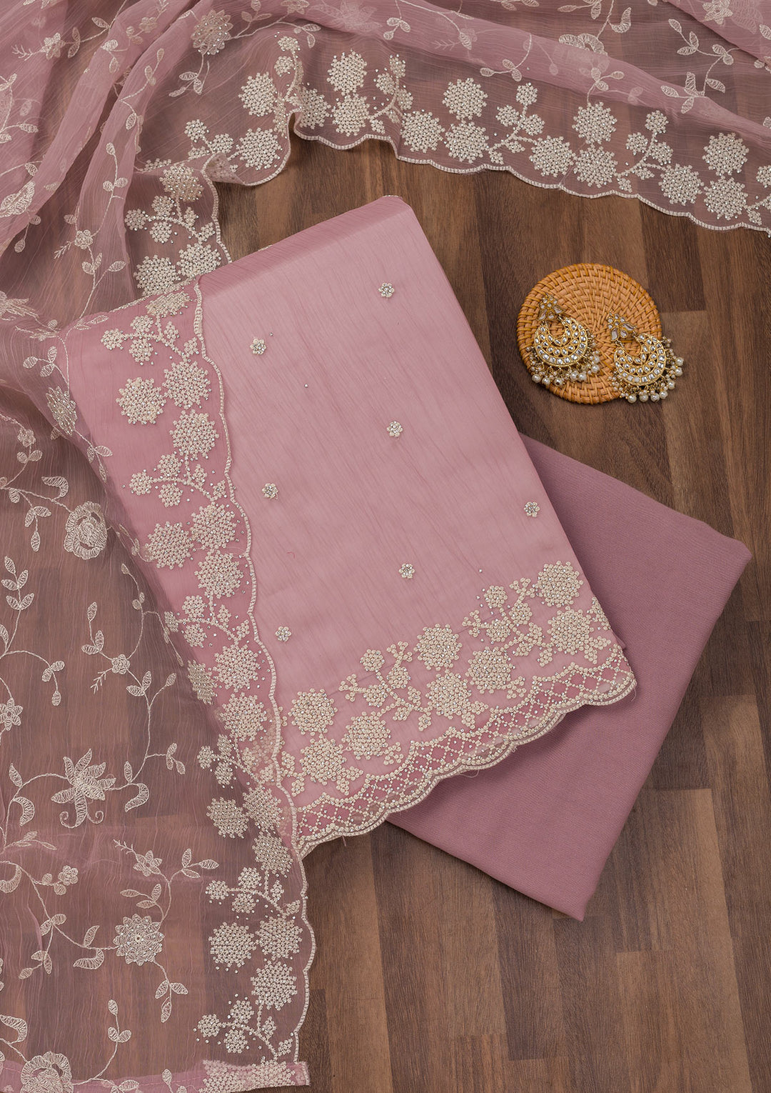 Mauve Threadwork Chiffon Unstitched Salwar Suit