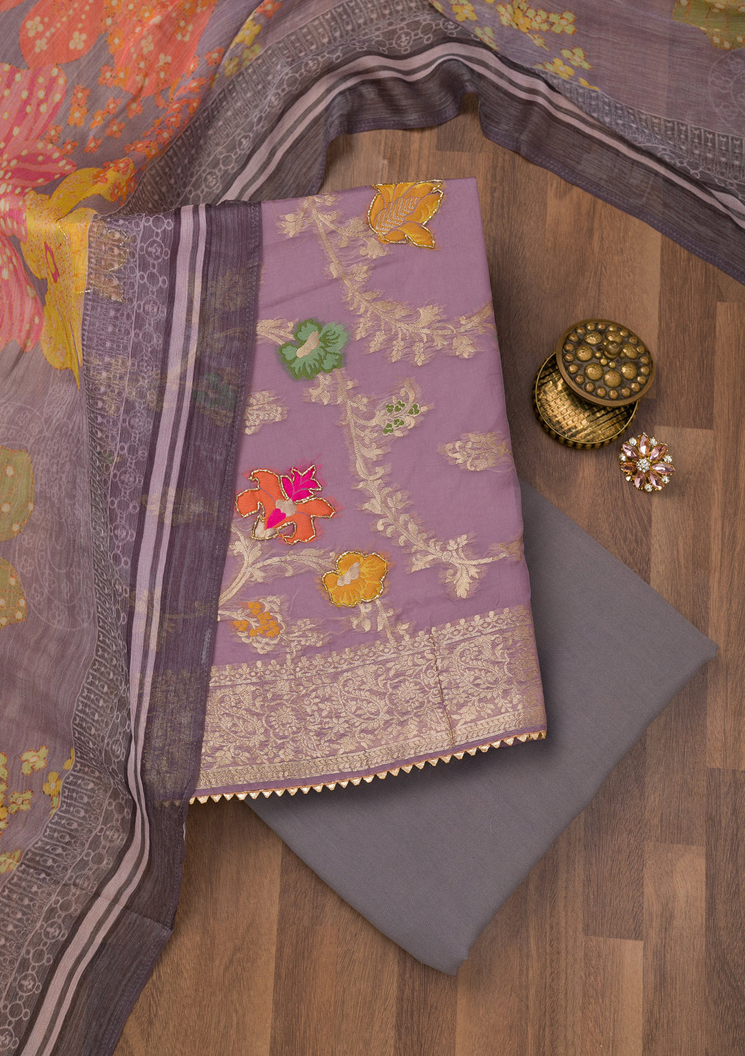 Mauve Zariwork Banarasi Unstitched Salwar Suit