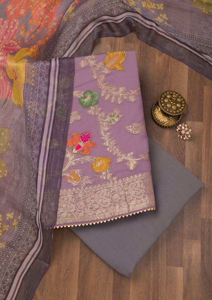 Mauve Zariwork Banarasi Unstitched Salwar Suit
