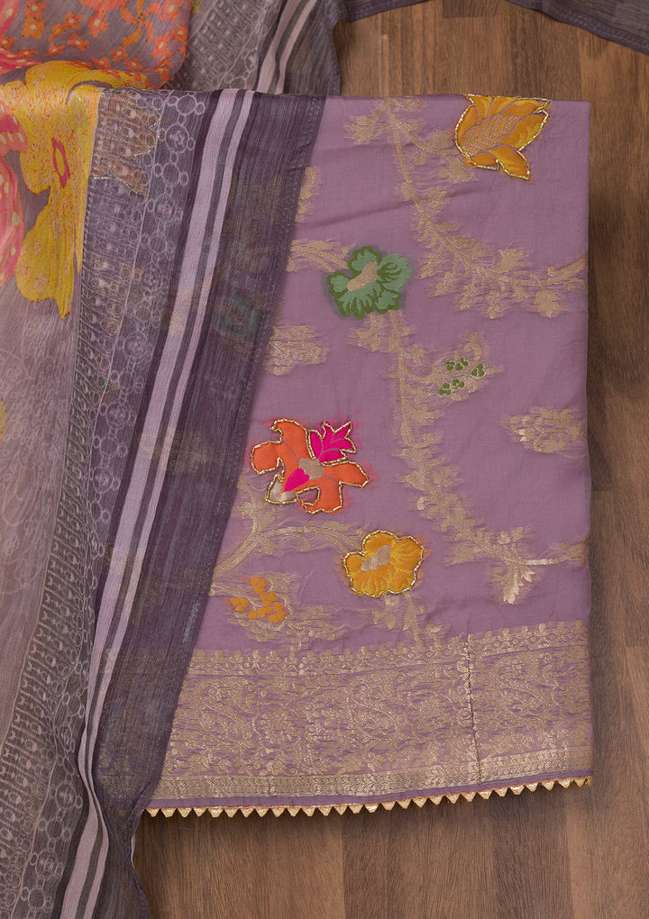 Mauve Zariwork Banarasi Unstitched Salwar Suit